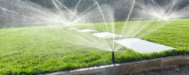Garden irrigation system watering lawn. Automatic lawn sprinkler watering green grass.